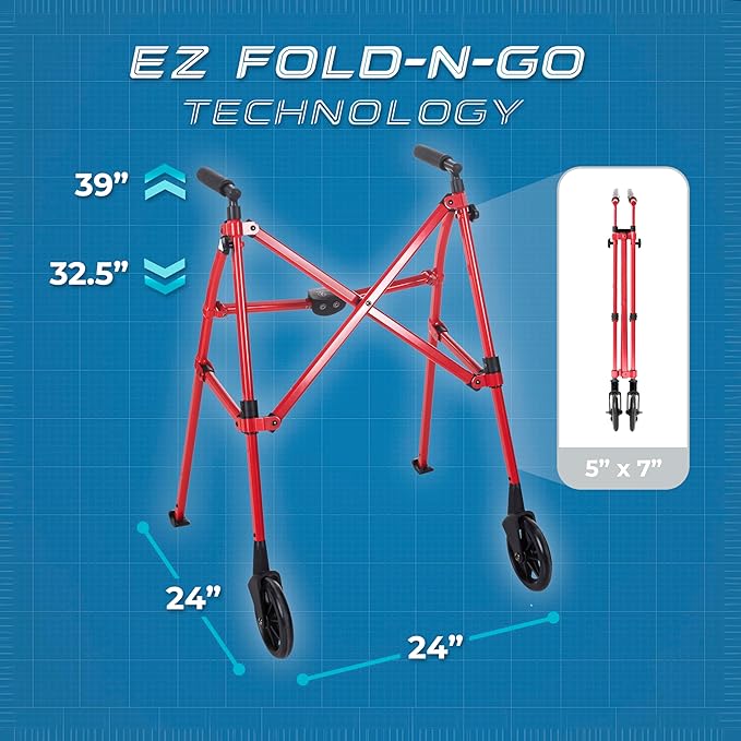 Stander Space Saver Walker, Lightweight Folding Rolling Mobility Aid for Seniors & Adults, Compact 2-Wheel Disability Device with 6-inch Wheels & Ski Glides for Walking Support, Sport Red