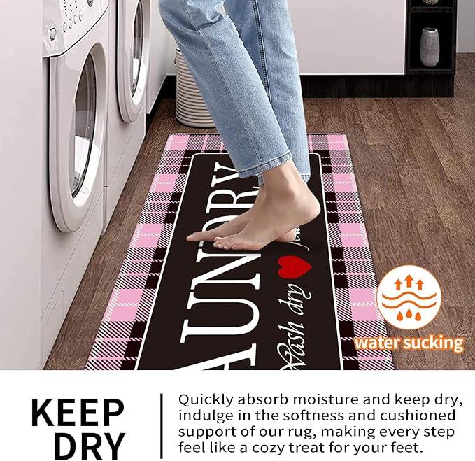 XLHOMO Laundry Room Rugs and Mats, 17"x47" Buffalo Plaid Pink Laundry Room Rug Runner Washable Non Slip, Farmhouse Laundry Mats for Floor, Mudroom, Kitchen, Washroom, Bathroom, Entryway Carpet Decor