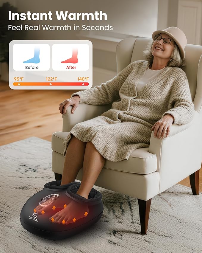 COMFIER 4-in-1 FSA Eligible HSA Shiatsu Foot Massager with Heat, Compression & Vibration, Smoth Warmth for 3 Levels, Toe Touch Control, Large Size Fits Up to 14, Gifts for Mom Dad, Home Office