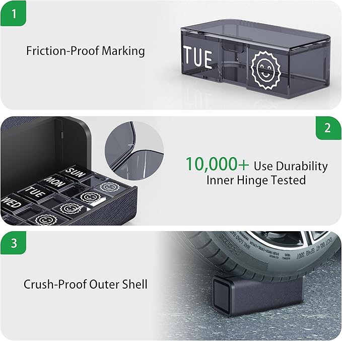 Pill Organizer 7 Day AM PM, Discreet 2 Times a Day Weekly Pill Box with Double Protection Shell, Large Capacity Portable Vitamin Case for Travel Meds & Medicine Organizer (Silver-Black)