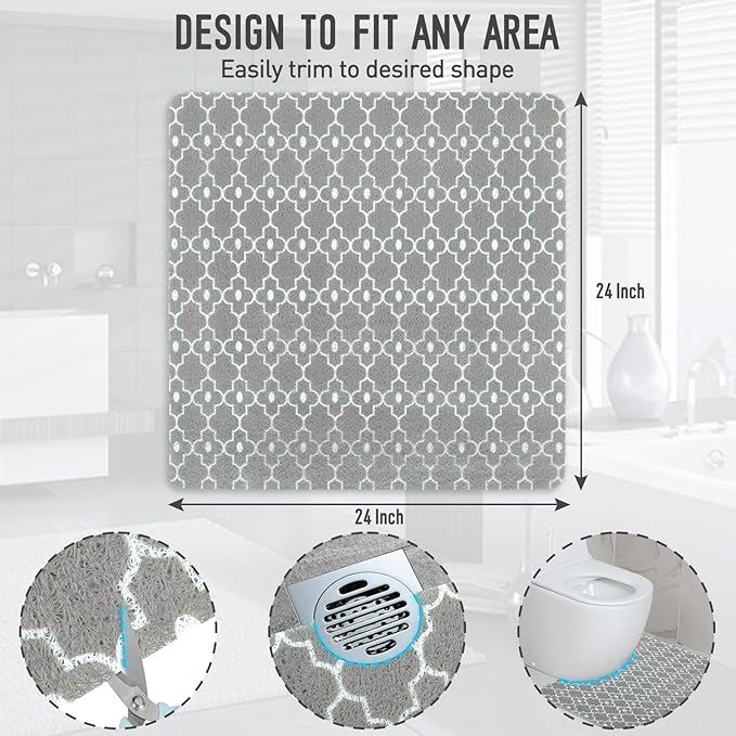 Square Shower Mat, 24 x 24 Inch Non Slip Gray Shower Stall Mat, Quick-Dry PVC Loofah Bath Mat for Shower Tub Bathroom