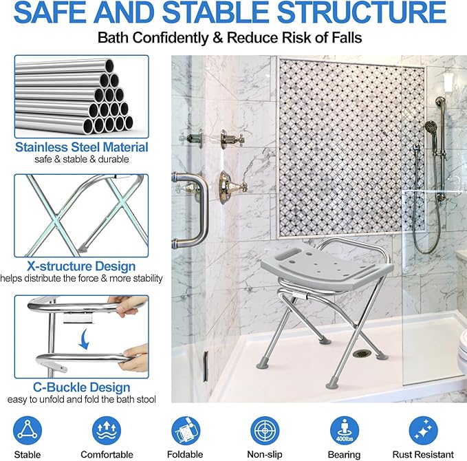 Folding Shower Chair Seat, 17.5" Stainless Steel Small Shower Chair for Inside Shower with Pad, 400lbs Portable Travel Shower Stool, Safety Anti-Slip Bath Chair for Seniors, Disabled, Gray