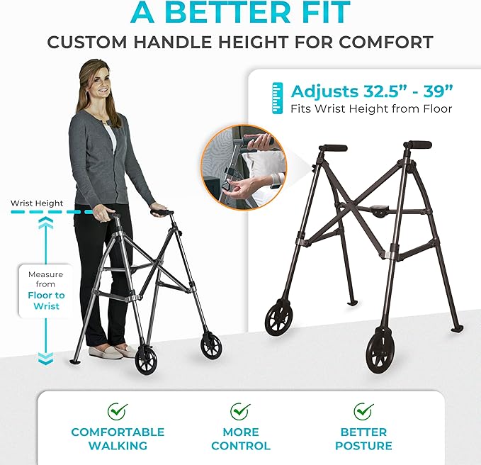 Stander Space Saver Walker, Lightweight Folding Rolling Mobility Aid for Seniors & Adults, Compact 2-Wheel Disability Device with 6-inch Wheels & Ski Glides for Walking Support, Black Walnut