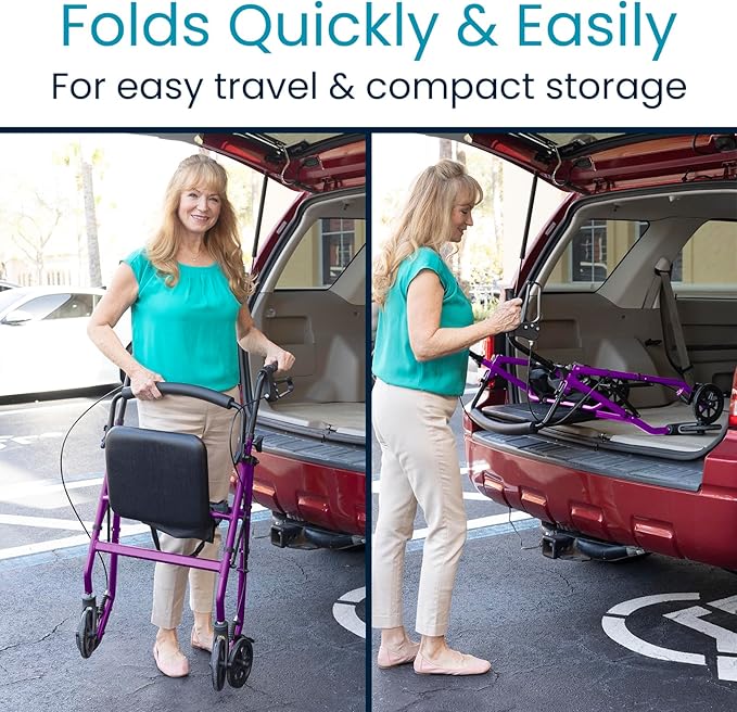 Vive Ultra Lightweight Rollator Walker with Seat - Foldable, Narrow, Rolling Senior Walker for Small Spaces - 4 Wheel Aluminum Adult Easy Drive Aid with Underseat Accessory