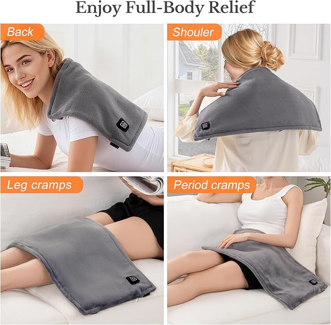 Cordless Heating Pad for Back Pain Relief & Cramps, 12"x24" Portable with Adjustable Straps, Battery Operated, 3 Heat Levels for Back/Shoulder/Legs, Gift for Mom