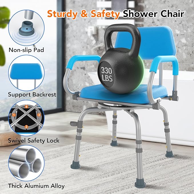 FSA/HSA Eligible Vnsod 360° Swivel Shower Chair for Inside Shower, Bath Chair for Elderly and Disabled, Adjustable Height and Padded Shower Seat with Back & Arms, 330lbs Non-Slip Stool for Inside Tub