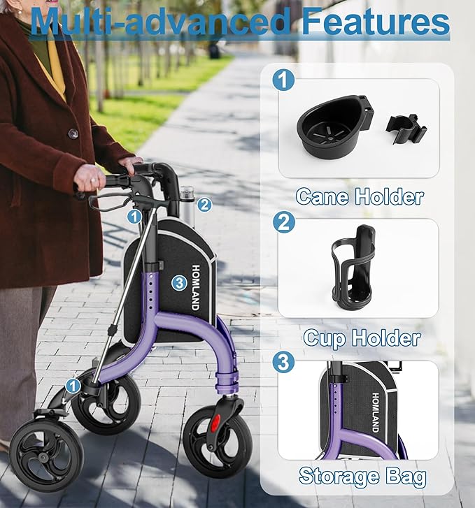 HOMLAND 3 Wheel Walkers for Seniors, Foldable Wheeled Rollator with Cane Hold and Cup Hold, Lightweight Three Wheel Rolling Walker Height Adjustable for Seniors