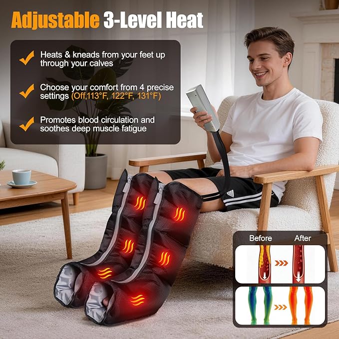 Leg Massager with Heat and Compression, Foot Massager for Circulation and Pain Relief, 3 Timers, 12 Intensity, 6 Modes,3 Heating with Knee Massager,Gifts for Man Woman,Black