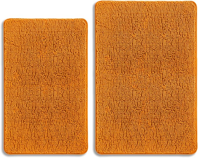 Flame Orange Bathroom Rugs Sets 2 Piece – Absorbent and Washable Bath Mat, Non-Slip, Thick Soft Chenille Bath Rugs for Bathroom Floor, Shower, Sink - 20" x 32"+24" x 36"