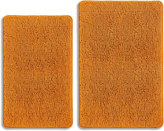 Flame Orange Bathroom Rugs Sets 2 Piece – Absorbent and Washable Bath Mat, Non-Slip, Thick Soft Chenille Bath Rugs for Bathroom Floor, Shower, Sink - 20" x 32"+24" x 36"