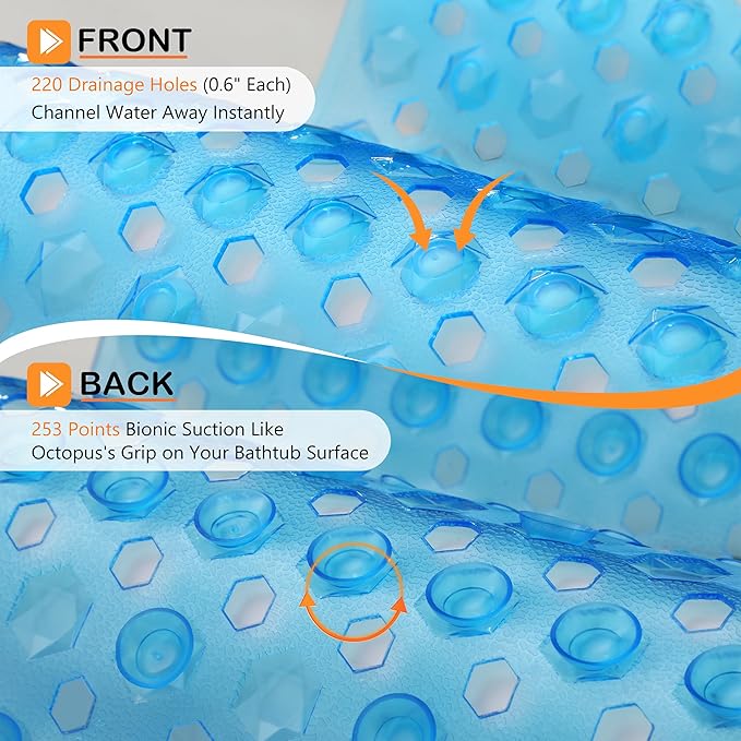 Yimobra Bath Tub Mat Non Slip, 34.5"x15.5" Long Shower Mat, Machine Washable Bathmat with Drain Holes and Suction Cups, Soft on Feet, Bathroom Essentials, Clear Blue