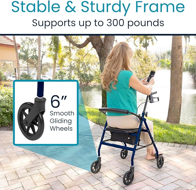Vive Ultra Lightweight Rollator Walker with Seat - Foldable, Narrow, Rolling Senior Walker for Small Spaces - 4 Wheel Aluminum Adult Easy Drive Aid with Underseat Accessory