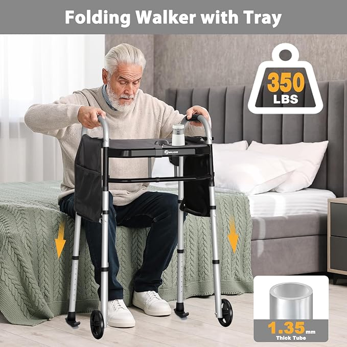Folding Walker with Tray, 5" Wheels Lightweight Walkers for Seniors and Adults, Supports Up to 350 Pounds, Adjustable Height, Compact Standard Walker, Black