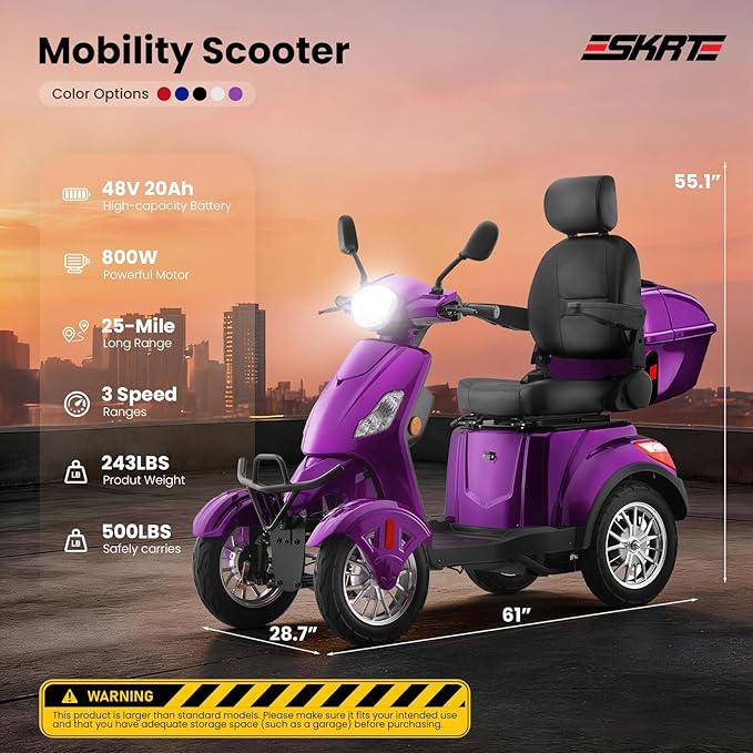 Super Large Electric 4 Wheel Mobility Scooters, Heavy Duty 800W Wheelchair Device, 25 Miles Long Range, All Terrain Mobility Scooter，Speed Adjust, Remote Key,Receive Ready to Ride (Purple)