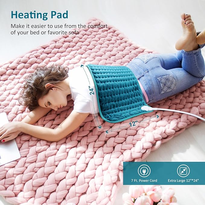 Heating pad for Back/Shoulder/Neck/Leg Pain Relief, Heating Pads for Period Cramps, 6 Fast Heating Settings, Auto-Off, Machine Washable, Birthday Gifts for Women Mom, Extra Large 12"x24", Blue