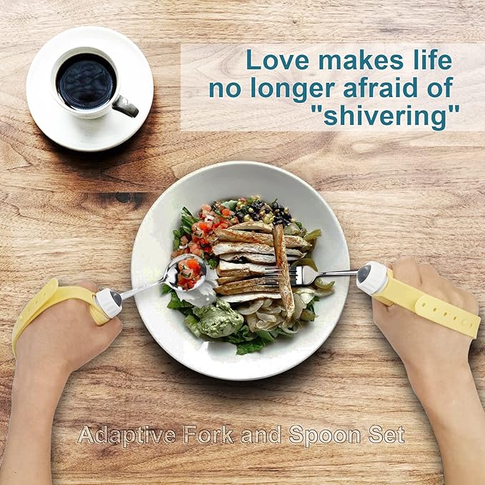 Adaptive Utensils Spoons Forks Set Weighted, Non-Slip Handles & rubber strap, for Hand Tremors & Muscle Weakness, Arthritis, Parkinson’s, Elderly; Dishwasher Safe,Stainless Steel