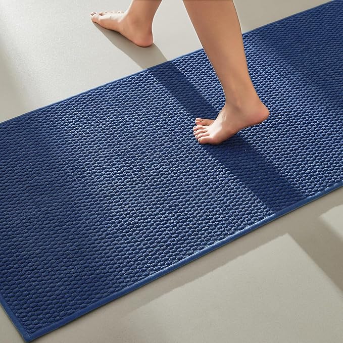 TYUU Bathroom Runner Rugs, Long Bath Mat Runner Washable Thin Quick Dry Low Pile Bathroom Runner Rugs Non Slip, Navy Blue 16"x60"