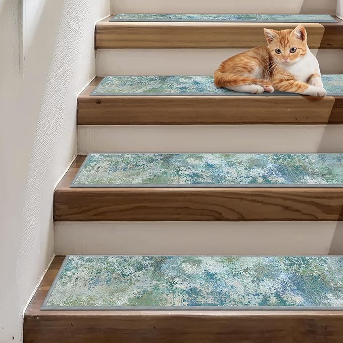 Non Slip Stair Treads for Wooden Steps 15PCS - 8"x30" Indoor Safety Carpet, Edging Mats with TPE Adhesive Backing, Pet and Elderly Friendly Stair Rugs (Abstract Blue Green)