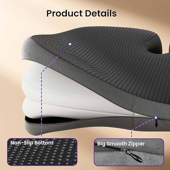 ZZ-WELL Seat Cushions for Office Chairs, Car Seat - Patented Coccyx Cushion for Tailbone Pain - Memory Foam Butt Cushion for Pressure Relief - Carry Handle & Non Slip Bottom (Grey)
