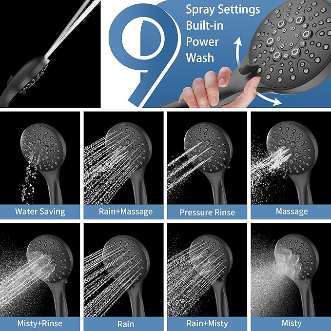 BRIGHT SHOWERS Stainless Steel Slide Bar Grab Rail Set Ada Compliant, 5-Spray Handshower with Slide Bar Kit – Includes Handheld Shower Head and 69-Inch Hose, Matte Black
