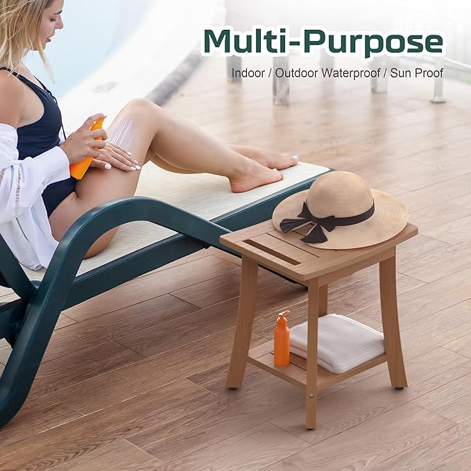 Waterproof Shower Benches for Inside Shower, Poly Lumber Shower Stool with Storage Shelf & Adjustable Feet, SPA Bathroom Seat Chair for Shaving Legs, Indoor or Outdoor Use, Teak Brown