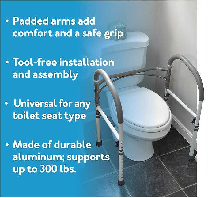Carex Toilet Safety Rails, Adjustable and Detachable Toilet Safety Frame with Handles for Elderly, Handicap, or Disabled, Heavy-Duty Non-Slip Bathroom Grab Bar, with Padded Handles and Aluminum Frame