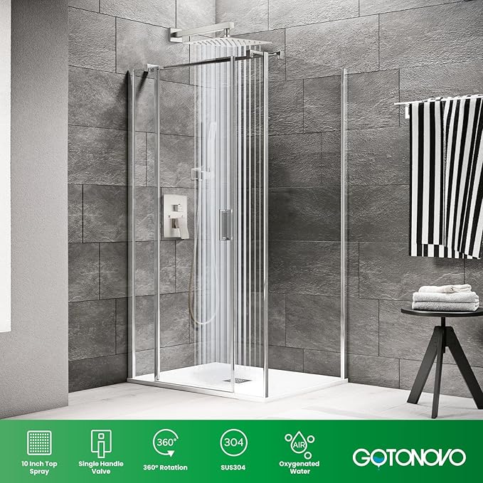 gotonovo Rainfall Bathroom Shower System Rain Shower Head and Handle Set Wall Mounted Shower Complete Combo Solid Brass Pressure Balancing Shower Mixer Valve 10 Inch Brushed Nickel
