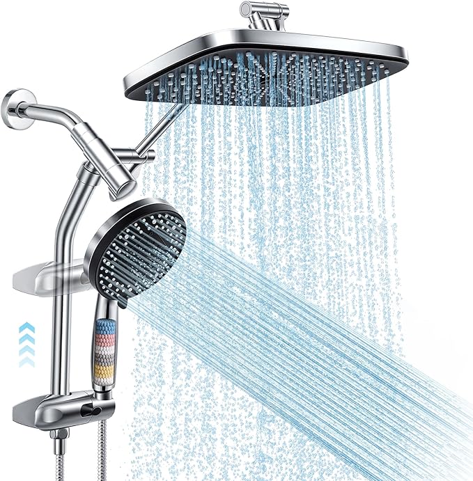Shower Head with Handheld, 12" High Pressure Rain Shower Heads with Filtered Handheld Spray Combo & Adjustable Extension Arm, Silver Showerheads & Hand Held Showers Set for Bathroom