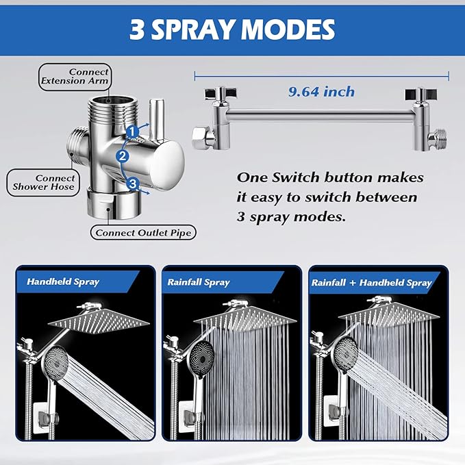 Shower Head,8”Rain Shower Head with Handheld Spray Combo with 11'' Angle Adjustable Extension Arm/Flow Regulator/Shower System,High Pressure Rainfall Shower Head Bathroom,Chrome