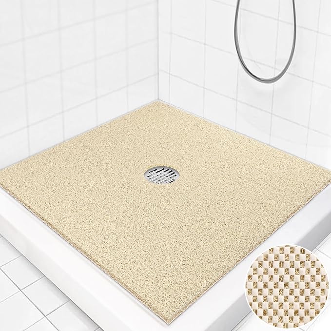 Square Shower Mat Non Slip: 27 x 27 Inch Extra Large Loofah Shower Mats for Inside Shower - Anti Slip Shower Stall Matt with Drain Hole in Middle