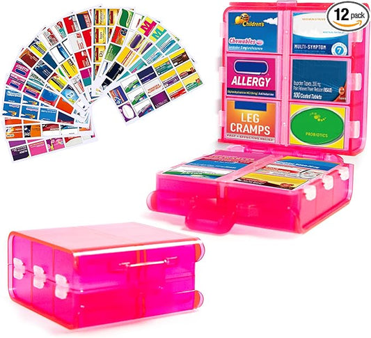 Large Pill Organizer with Medicine Labels, Pill Dispenser 12-Compartment Travel Medication Storage Case, 7-Day Pill Box for Vitamins & Supplements (Pink, 161 Labels)