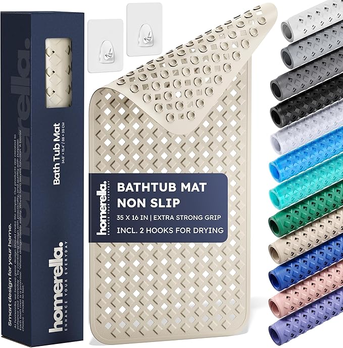 Bathtub Mat Non Slip 35x16 - homerella® Bath Mat Incl. Hooks for Drying, Extra Long, 100% BPA Free, Shower Mat Non Slip Anti Mold, Machine Washable, Shower Mats for Inside Shower Mildew Resistant