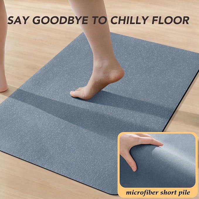 ACCUMTEK Non Slip Bath Mat, Thin Bathroom Rugs Fit Under Door, Quick Dry Bath Mats, Machine Washable Bath Rugs for Bathroom, Bathtub & Kitchen, Haze Blue/Upgraded Solid/32 x20