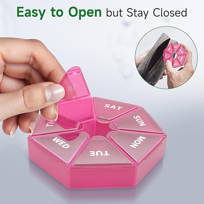 Weekly Pill Organizer, 2 Pack Portable Pill Box Medicine case 6 Colors (Seven Day) New Edition for Vitamin/Fish Oil/Pills/Supplements-Arthritis Friendly (Red)