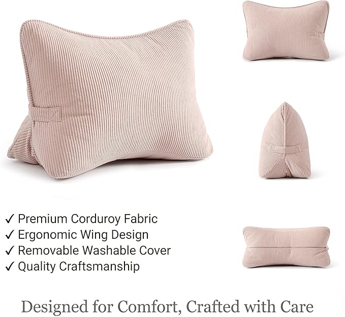 Pat. Pend. Corduroy Back Support Pillow for Sitting, Ideal for Expecting Moms, Low Back Cushion for Bed Sitting, Reading & Relaxing, Ergonomic Triangle Backrest, Washable Cover, Pink
