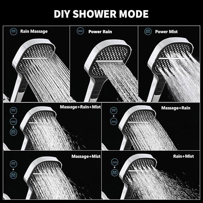 Handheld Shower Head with Extra Long Hose, 8 Setting Square Detachable Hand Held Spray with Upgrade Button & On Off Switch, 79" Hose - Chrome