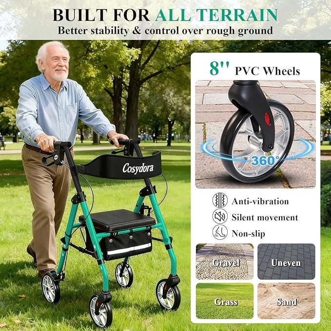Cosydora Rollator Walkers for Seniors with Seat, 13.6 Lbs Ultra Lightweight Foldable Rolling Walker, 350Lbs Heavy Duty Aluminum, 8" All Terrain Wheels, Dual Adjustable Height, Shimmer Green