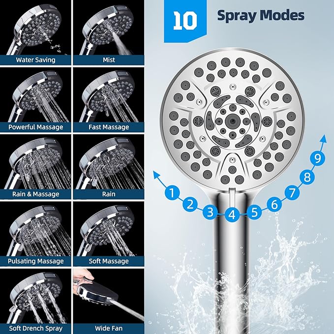 Hibbent 12'' All Metal CUPC Certified Shower Head, High Pressure Rainfall Shower Head, Handheld Showerhead Combo, 12'' Adjustable Shower Extension Arm, 10-Spray, 71'' Hose, Showerhead Holder, Chrome