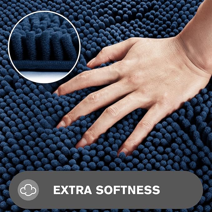 Navy Blue Bathroom Rugs – Absorbent and Washable Bath Mat, Non-Slip, Thick Soft Chenille Bath Rugs for Bathroom Floor, Shower, Sink - 24" x 36"
