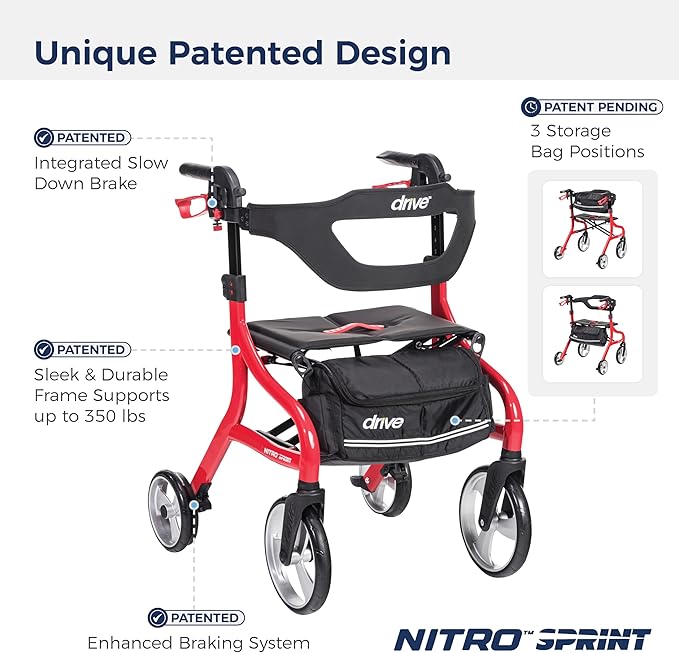 Drive Medical Nitro Sprint Foldable Rollator Walker with Seat - Lightweight Support - Large Wheels - Compact Folding Design - Adjustable Comfort - Tall Size - Red
