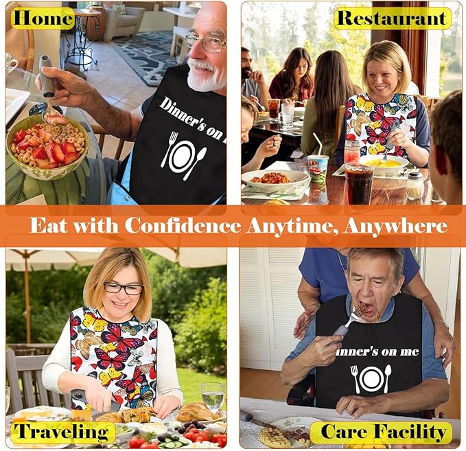 Adaptive Utensils with Adult Bibs for Women - 4pcs Weighted Utensils Set (2.5oz Each) for Hand Tremors, Elderly, Parkinson's, Arthritis - Non-Slip Easy Grip Handles for Independent Eating