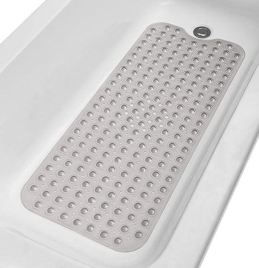 Extra-Long Non-Slip Bathtub & Shower Mat 39”x16” (Smooth/Non-Textured Tubs Only) Safe, Clean, Machine-Washable, Superior Grip&Drainage, Vinyl, Transparent Gray (Grey)