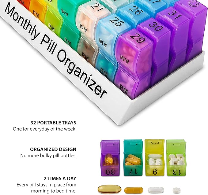 Deke Home - Monthly Pill Organizer 2 Times a Day, 30 Day Pill Box with AM PM Compartments, Large Monthly Medicine Organizer for Vitamins, Supplements & Medication, Travel-Friendly Pill Case, BPA Free