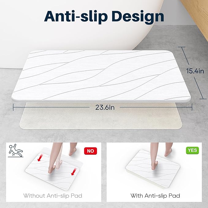 Diatomaceous Earth Stone Bath Mat, Quick Dry Non-Slip Super Absorbent Diatomite Stone Mats for Bathroom (White 1 Pack)