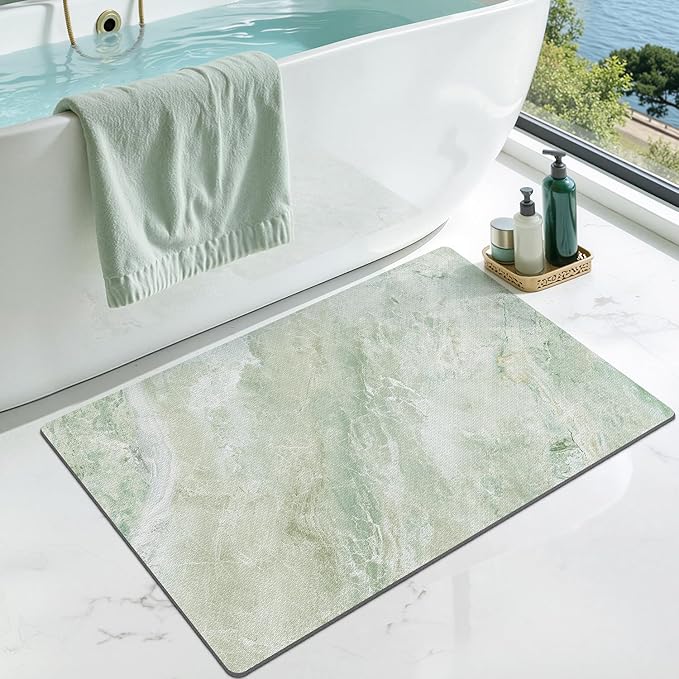 LUMI Ultra Thin Bath Mat, Super Absorbent Quick Dry Bathroom Rugs, Non-Slip Bathroom Mats, Marble Bathmats Fit Under Door, Bathtub, Sink, Shower Room, 24"x36", Green