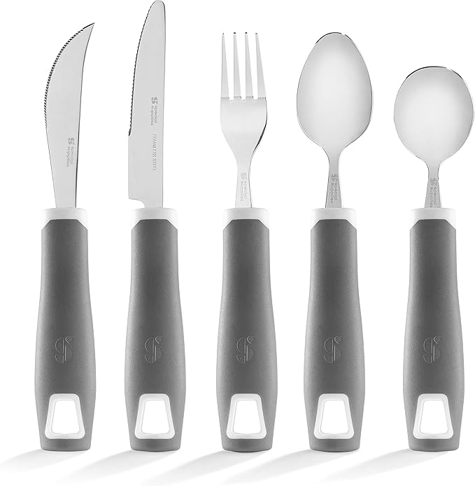 Special Supplies Adaptive Utensils 5-Piece Set Non-Weighted, Non-Slip Handles for Hand Tremors, Arthritis, Parkinson’s or Elderly Use - Stainless Steel Knife, Rocker Knife, Fork, Spoons (Grey)