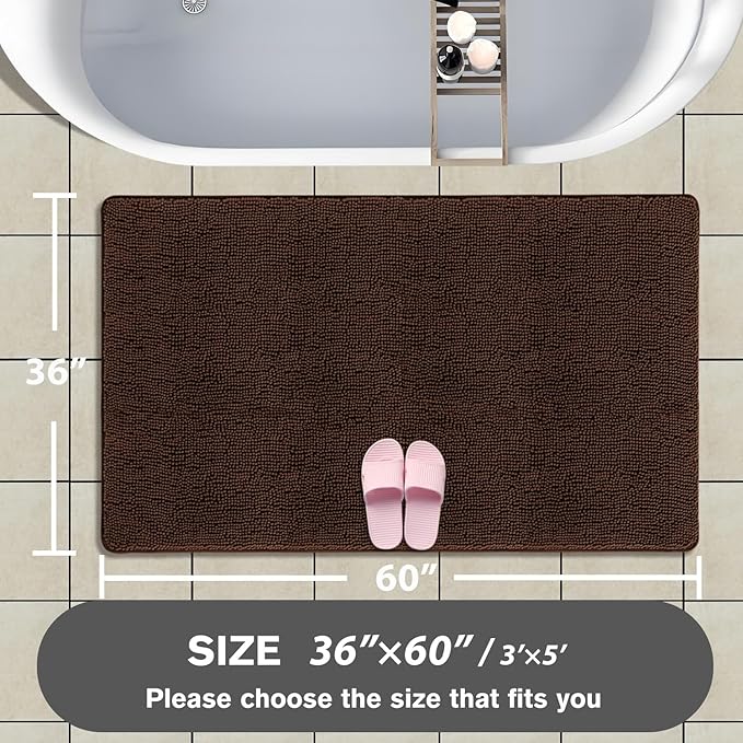 Bathroom Rugs 36 x 60 Inch – Extra Large Bath Mat | Absorbent and Washable Thick Chenille Bath Rugs Non-Slip Runner Rug for Bathroom, Shower, Tub(Brown)