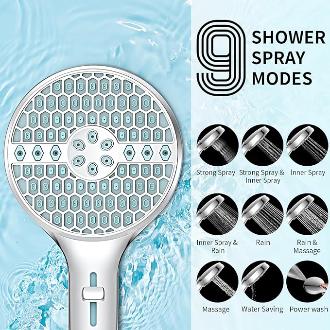 Shower Head with Handheld, 8-Mode High Pressure Shower Head with 71" Extra Long Stainless Steel Hose & Adjustable Bracket, Built-in Power Wash to Clean Tub, Tile & Pets, Chrome Finish