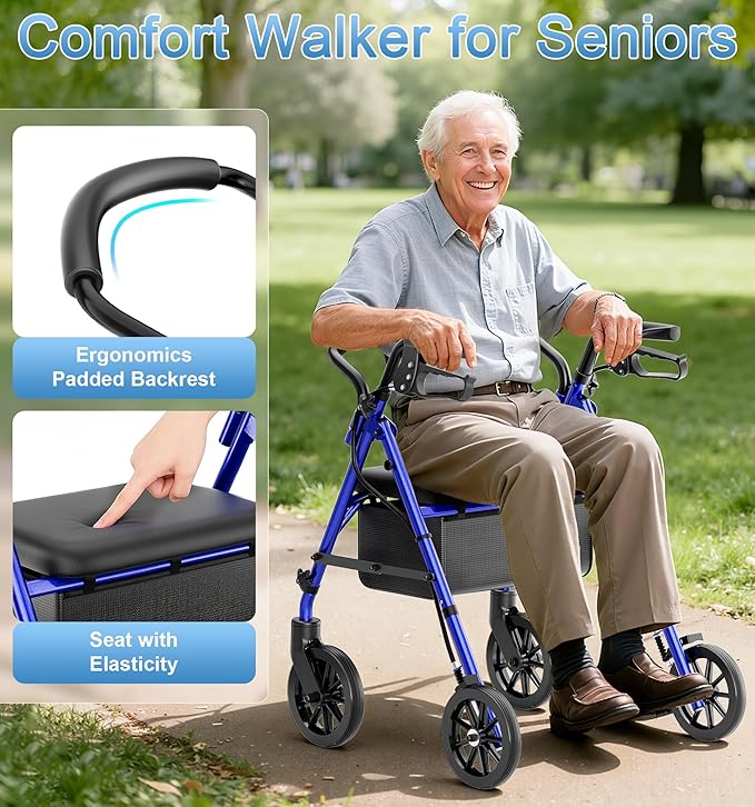 16 Pounds Lightweight Walkers for Seniors with Seat, Narrow Rolling Walker with 4 Puncture-Resistant Wheels, 5-Level Height Adjustable, 300 lbs Weight Capacity (Blue)