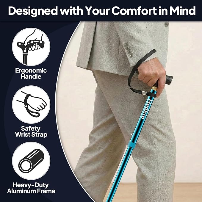 Walking Cane with LED Light, Foldable,Adjustable, Self Standing Walking Canes for Men & Women,Walking Sticks with Quad Base for Seniors & Adults